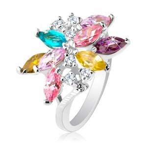 Blýskavý prsten stříbrné barvy, velký asymetrický květ z barevných zirkonů - Velikost: 49