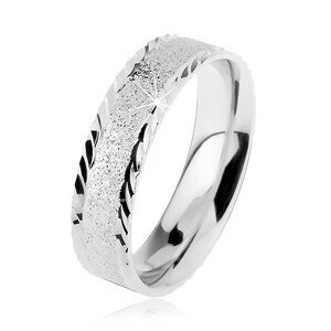 Stříbrný 925 prsten, blýskavý pískovaný povrch, malé šikmé zářezy - Velikost: 60