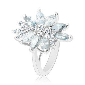 Blýskavý prsten stříbrné barvy, velký nesouměrný květ z barevných zirkonů - Velikost: 57, Barva: Čirá