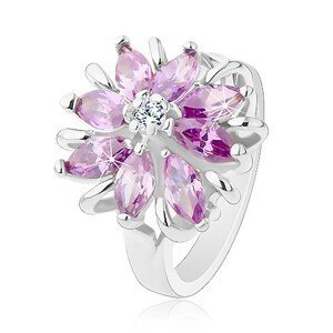 Lesklý prsten, stříbrný odstín, blýskavý květ z barevných zrníčkovitých zirkonů - Velikost: 54, Barva: Světlemodrá