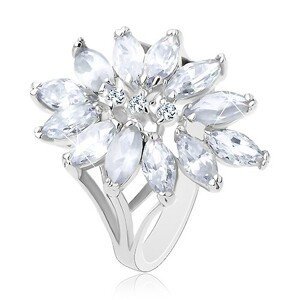 Prsten stříbrné barvy, velký květ tvořený zirkonovými zrnky - Velikost: 56, Barva: Mix