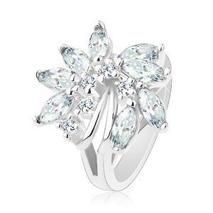 Blýskavý prsten, stříbrný odstín, nesouměrný květ ze zirkonů, lesklé obloučky - Velikost: 54, Barva: Růžová