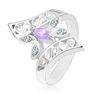 Prsten stříbrné barvy, zahnutá zdobená ramena, barevný motýl - Velikost: 51, Barva: Světle fialová