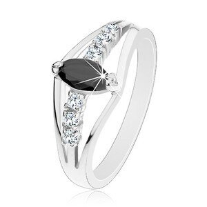 Třpytivý prsten ve stříbrném odstínu, čiré zirkonové linie, barevné zrnko - Velikost: 50, Barva: Černá