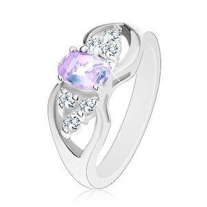 Prsten stříbrné barvy, mašlička s barevným oválem a čirými zirkony - Velikost: 50, Barva: Růžová