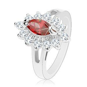 Prsten ve stříbrné barvě, lesklá rozdělená ramena, třpytivý květ - Velikost: 54, Barva: Červená