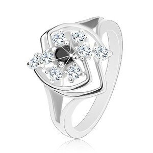 Prsten ve stříbrném odstínu, blýskavý zirkonový květ v asymetrickém obrysu - Velikost: 51, Barva: Černá