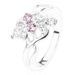 Blýskavý prsten, stříbrná barva, mašlička z růžových a čirých zirkonů - Velikost: 59