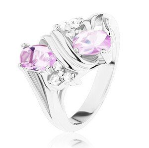 Prsten ve stříbrném odstínu, růžové a čiré zirkony, dvojitá spirála - Velikost: 50