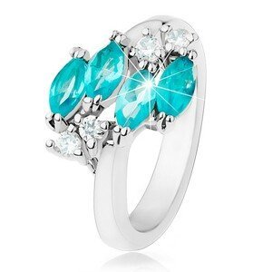 Lesklý prsten stříbrné barvy, modrá zirkonová zrnka, čiré zirkonky - Velikost: 50