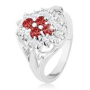 Lesklý prsten s rozdělenými rameny, červeno-čirý zirkonový květ - Velikost: 49
