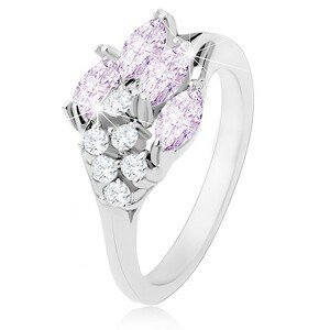 Lesklý prsten stříbrné barvy, světle fialová zrnka, kulaté čiré zirkony - Velikost: 48