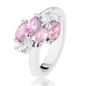 Lesklý prsten ve stříbrné barvě, růžová zirkonová zrnka, čiré zirkonky - Velikost: 49
