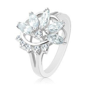 Prsten ve stříbrném odstínu, poloviční zirkonový květ, oblouk čirých zirkonků - Velikost: 60