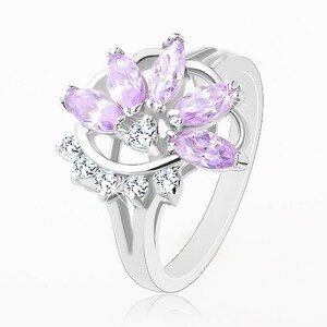 Prsten stříbrné barvy, světle fialový zirkonový květ, čiré zirkonky - Velikost: 54