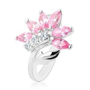 Třpytivý prsten stříbrné barvy, růžovo-čirý zirkonový květ, lesklý list - Velikost: 48