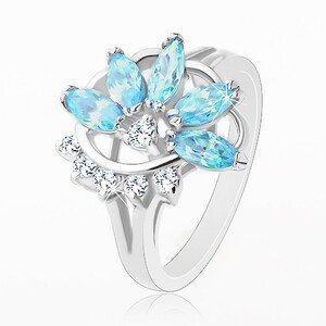 Prsten s lesklými rozdělenými rameny, modro-čirý poloviční květ - Velikost: 50