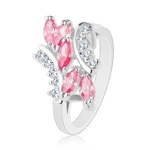 Lesklý prsten stříbrné barvy, růžová zirkonová zrnka, čiré zirkonky - Velikost: 49