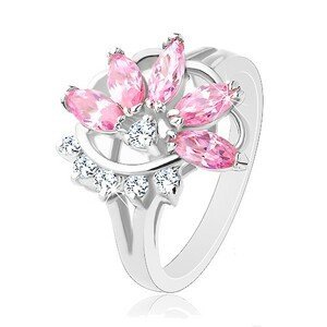 Prsten s lesklými rozdělenými rameny, růžovo-čirý poloviční květ - Velikost: 49