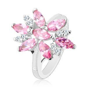 Prsten ve stříbrném odstínu, velký květ s růžovými a čirými lupínky - Velikost: 52