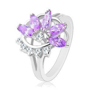Lesklý prsten stříbrné barvy, fialový zirkonový květ, čiré zirkonky - Velikost: 48