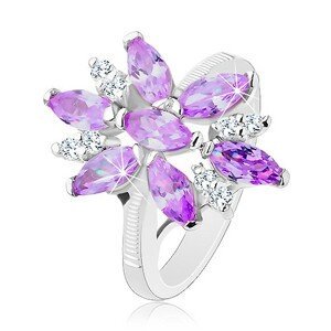 Prsten ve stříbrné barvě, velký květ z fialových a čirých zirkonů - Velikost: 50