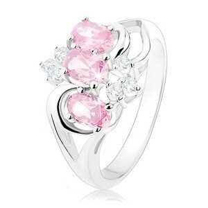 Prsten stříbrné barvy, rozdělená ramena, růžové ovály, čiré zirkonky - Velikost: 52
