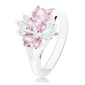 Lesklý prsten ve stříbrném odstínu, růžové zirkonové ovály, čiré zirkonky - Velikost: 51