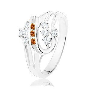 Prsten ve stříbrné barvě, dvojitá spirála s oranžovými a čirými zirkony - Velikost: 53