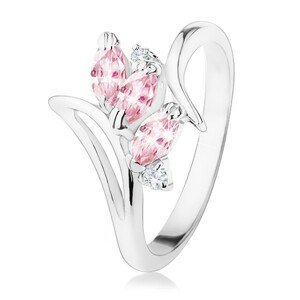 Prsten stříbrné barvy, zahnutá ramena, růžové a čiré zirkony - Velikost: 50