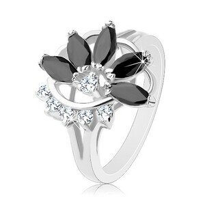 Blýskavý prsten ve stříbrném odstínu, čirý zirkonový oblouk, černý neúplný květ - Velikost: 47