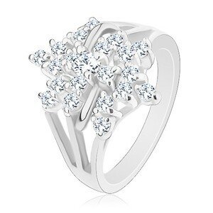 Třpytivý prsten, stříbrná barva, čirý zirkonový květ, rozvětvená ramena - Velikost: 60