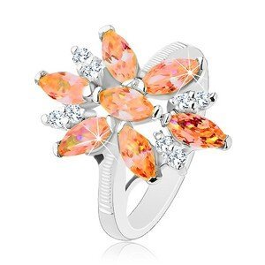 Blýskavý prsten ve stříbrné barvě, velký květ z oranžových a čirých zirkonů - Velikost: 50