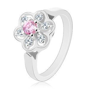 Prsten ve stříbrném odstínu, blýskavý čirý kvítek s růžovým středem - Velikost: 50