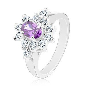 Prsten ve stříbrném odstínu, fialový oválný zirkon s čirou obrubou - Velikost: 49