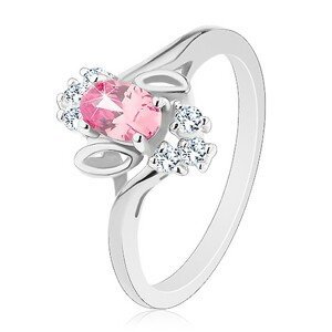 Prsten ve stříbrném odstínu, růžový broušený ovál, lístečky, čiré zirkony - Velikost: 55