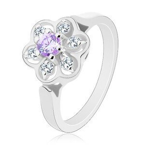 Prsten stříbrné barvy, čirý blýskavý kvítek se světle fialovým středem - Velikost: 52