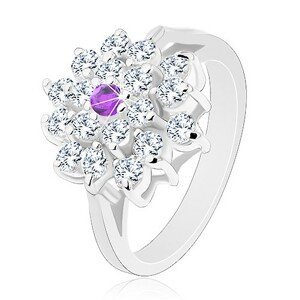Prsten stříbrné barvy, velký čirý květ s fialovým zirkonem uprostřed - Velikost: 53