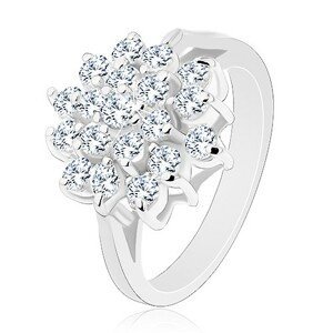 Lesklý prsten ve stříbrné barvě, velký květ z kulatých čirých zirkonků - Velikost: 52