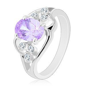 Prsten s rozdělenými rameny, zvlněné linie, světle fialový oválný zirkon - Velikost: 51