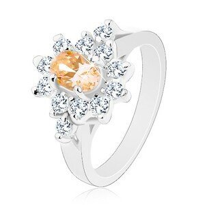 Prsten stříbrné barvy, světle oranžový ovál s čirým zirkonovým lemem - Velikost: 49