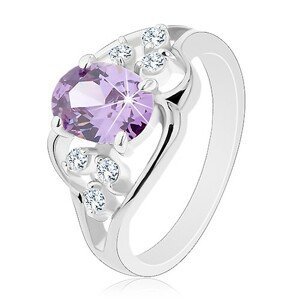 Prsten s rozdělenými rameny, zvlněné linie, oválný zirkon fialové barvy - Velikost: 51