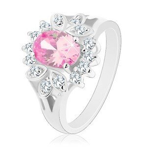 Prsten stříbrné barvy, růžový zirkonový ovál, čirý lem, lístečky - Velikost: 52