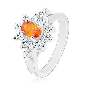 Prsten stříbrné barvy, oranžový zirkonový ovál s lemem čiré barvy - Velikost: 49