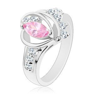 Prsten s rozdělenými zirkonovými rameny, velké růžové zrnko, obloučky - Velikost: 49