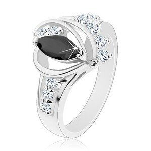 Prsten stříbrné barvy, černé zirkonové zrnko, lesklé oblouky, čiré zirkonky - Velikost: 50