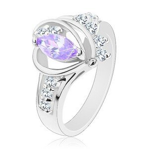 Prsten ve stříbrném odstínu, světle fialový zirkon, hladké oblouky, čiré zirkony - Velikost: 57