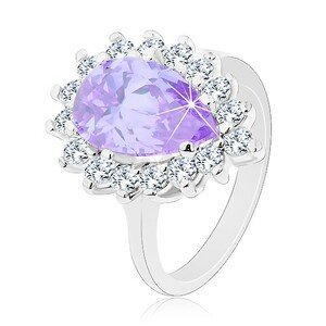 Prsten stříbrné barvy, velká zirkonová kapka fialové barvy, čirý lem - Velikost: 48