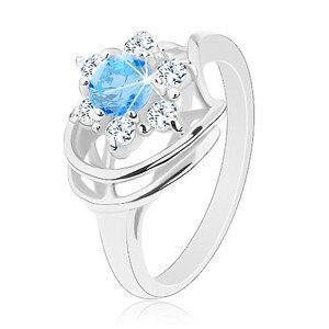 Třpytivý prsten, modro-čirý zirkonový kvítek, lesklé oblouky - Velikost: 49
