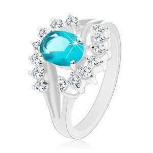 Lesklý prsten s rozvětvenými rameny, světle modrý zirkonový ovál, čiré oblouky - Velikost: 50